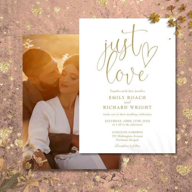 Convite Apenas ame o elegante script foto dourado casament (Just Love Elegant Script Photo Gold Wedding Invitation)