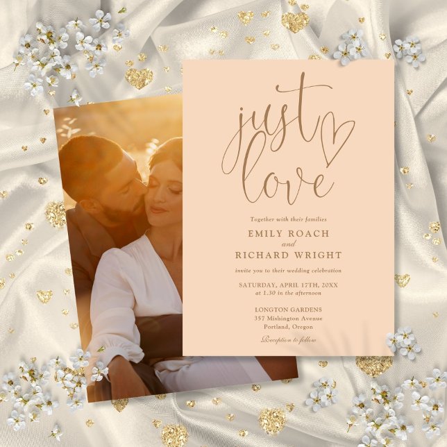 Convite Apenas Amor Elegante Script Foto Rosa Suave Casame (Just Love Elegant Script Photo Soft Peach Wedding Invitation)