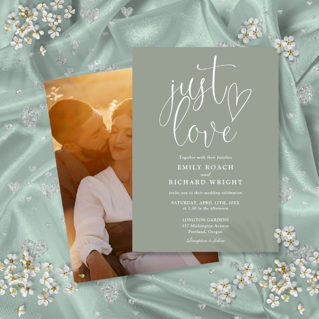 Convite Apenas Amor Elegante Script Foto Verde Sage Casame (Just Love Elegant Script Photo Sage Green Wedding Invitation)