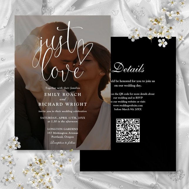 Convite Apenas Amor Moderno Código QR Foto Casamento (Just Love Modern Script QR Code Photo Wedding Invitation)