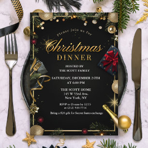 Convite apenas para jantar de Natal preto e dourad
