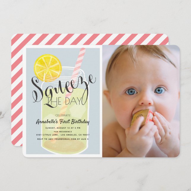 Convite Aperte o dia com a foto do primeiro aniversario do (Frente/Verso)