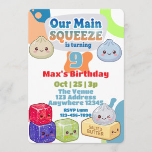 Convite Aperto Principal Squishy Aniversário Azul Laranja