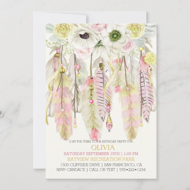 Convite Apoanhador de Sonhos Boho Penas Cristais Rosa Amar (Frente)