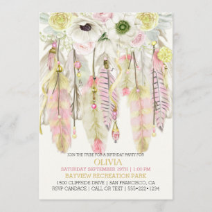 Convite Apoanhador de Sonhos Boho Penas Cristais Rosa Amar