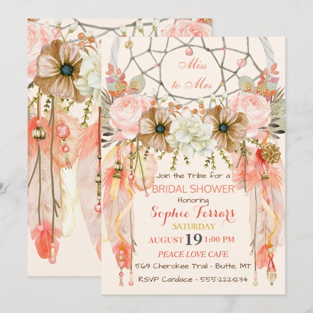 Convite Apoiador de Sonhos Boho Penas Coral Rosa (Frente/Verso)