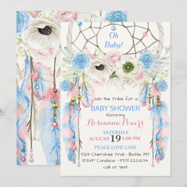 Convite Apoio de Sonho Boho Penas Azul & Rosa (Frente/Verso)