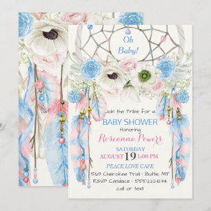 Convite Apoio de Sonho Boho Penas Azul & Rosa