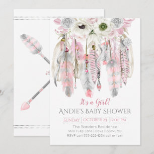 Convite Apoio de Sonho Cinza Rosa com Penas Florais e Flec