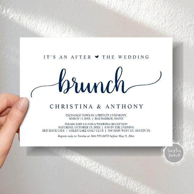 Convite Após O Brunch De Casamento, Convidado Rustic Elope (After The Wedding Brunch, Elopement Invitation Card, Rustic Script in Navy Blue.)