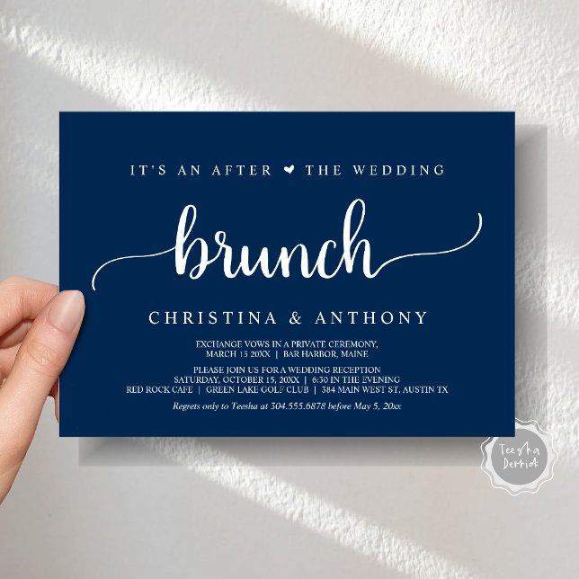 Convite Após O Brunch De Casamento, Convidado Rustic Elope (After The Wedding Brunch, Elopement Invitation Card, Rustic Script in Navy Blue.)