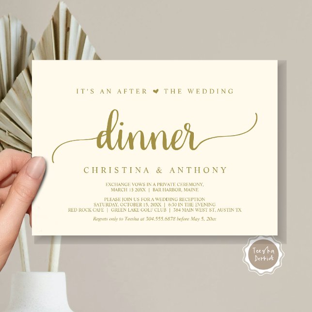 Convite Após O Janto De Casamento, Elopemento Russo (It's An After The Wedding Dinner, Elopement Invitation Card, Modern Rustic Script in Classy Gold.)