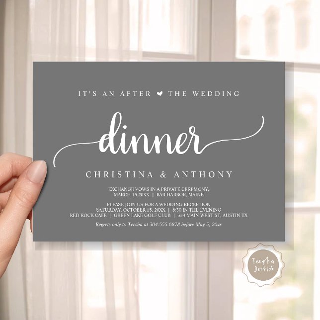 Convite Após O Janto De Casamento, Elopemento Russo (It's An After The Wedding Dinner, Elopement Invitation Card, Modern Rustic Script in Dark Grey.)
