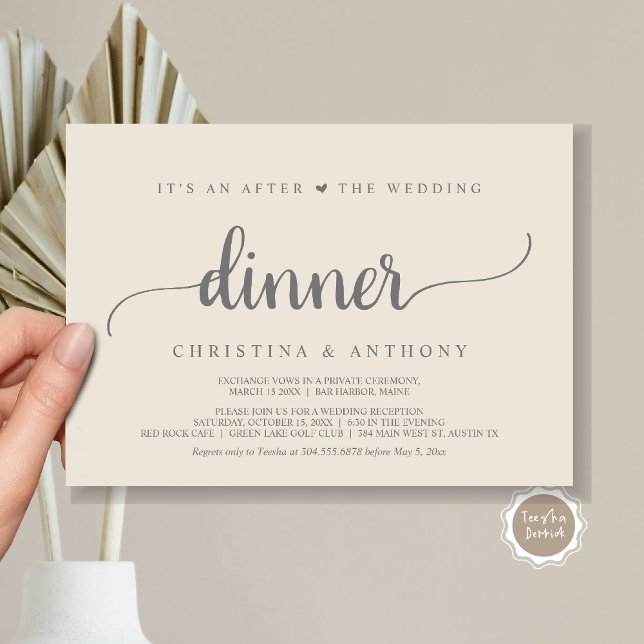 Convite Após O Janto De Casamento, Elopemento Russo (It's An After The Wedding Dinner, Elopement Invitation Card, Modern Rustic Script in Grey and Cream.)