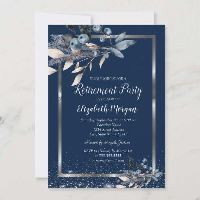 Convite Aposentação das Flores de Inverno de Prata Confett (Frente)