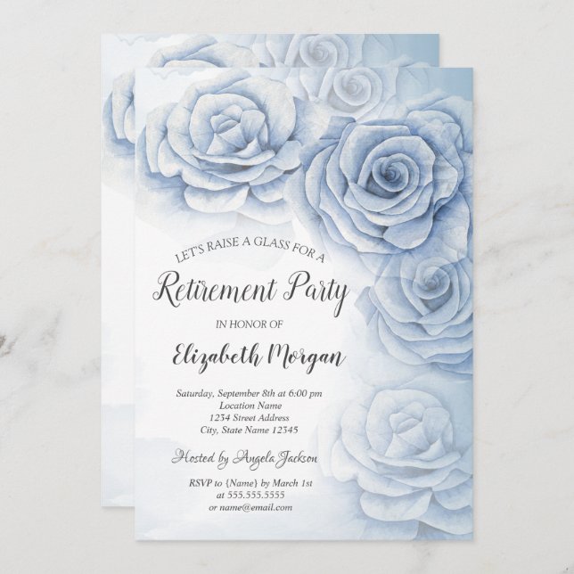 Convite Aposentação de Flores Azuis Elegante de Aquarela (Frente/Verso)