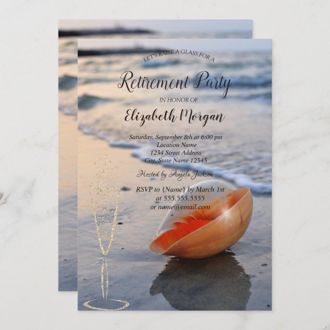 Convite Aposentação do Vidro de Seashell no Mar de Praia (Frente/Verso)