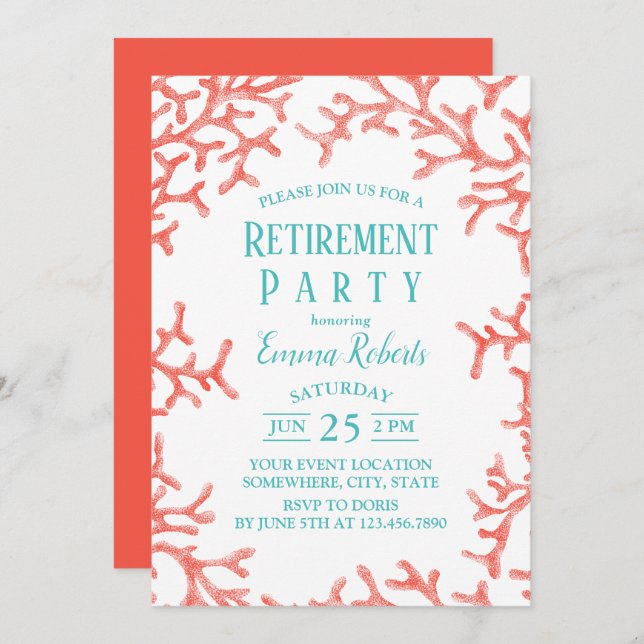 Convite Aposentação Elegante de Coral de Praia (Frente/Verso)