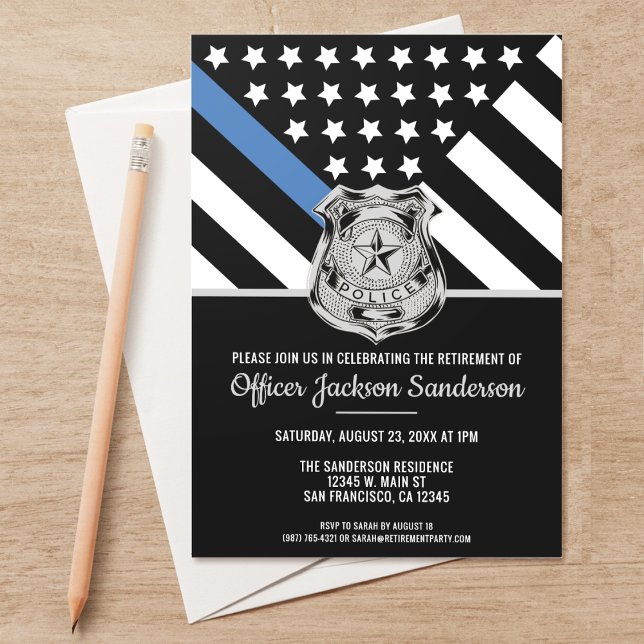 Convite Aposentadoria da Polícia Linha Azul Bandeira Aplic (Perfect invitations to invite guests to honor the retiring police and law enforcement officer.)