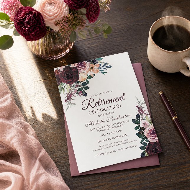 Convite Aposentadoria de Folhas Florais Rosa Bege Borgonha (Burgundy and pink watercolor floral retirement party invitation)