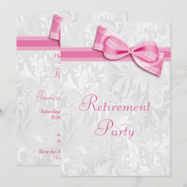 Convite Aposentadoria de Rosa Damask e Laço Falso (Frente/Verso)