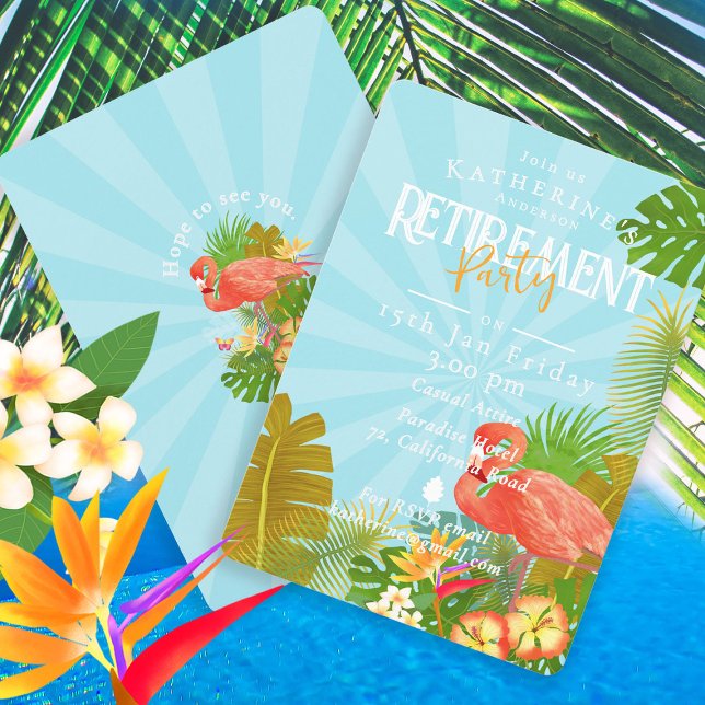 Convite Aposentadoria Flamingo Tropical Azul  (Flamingo Tropical Retirement Party Invitation Card.)