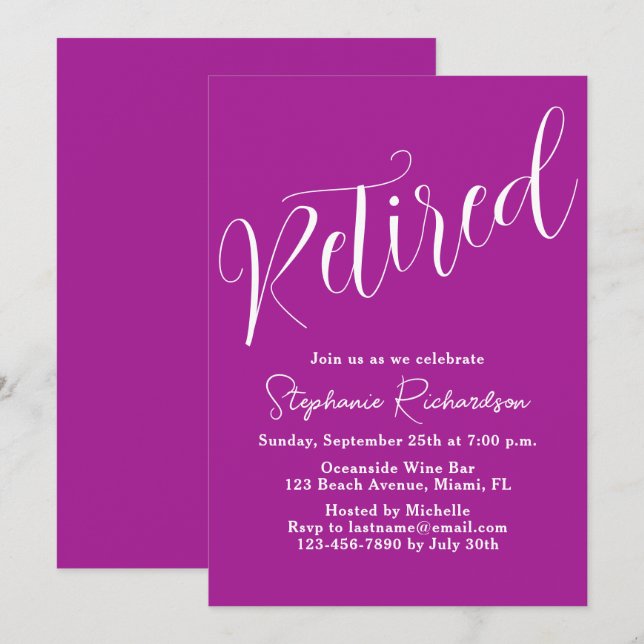 Convite Aposentadoria Rosa Escuro Fonte Moderna Simples (Frente/Verso)