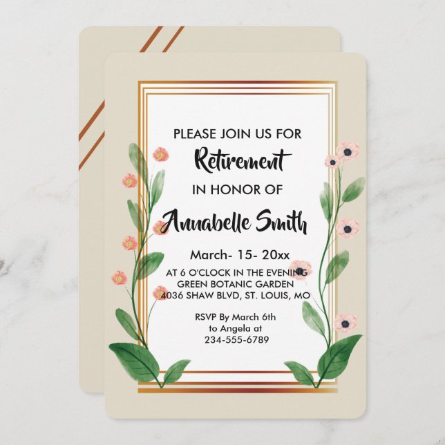 Convite Aposentadoria     sofisticada e elegante (Frente/Verso)