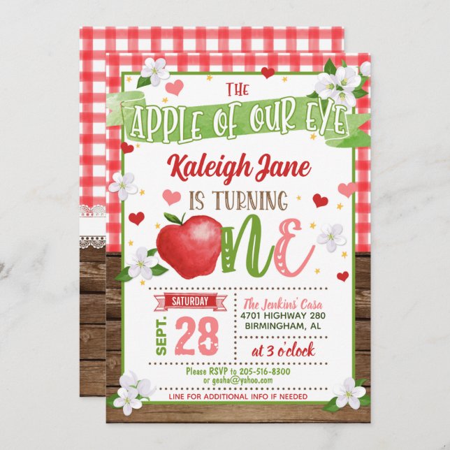 Convite Apple First Birthday Invitation - Apple of Our Eye (Frente/Verso)