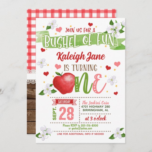 Convite Apple First Birthday Invitation - Bushel da Divers (Frente/Verso)