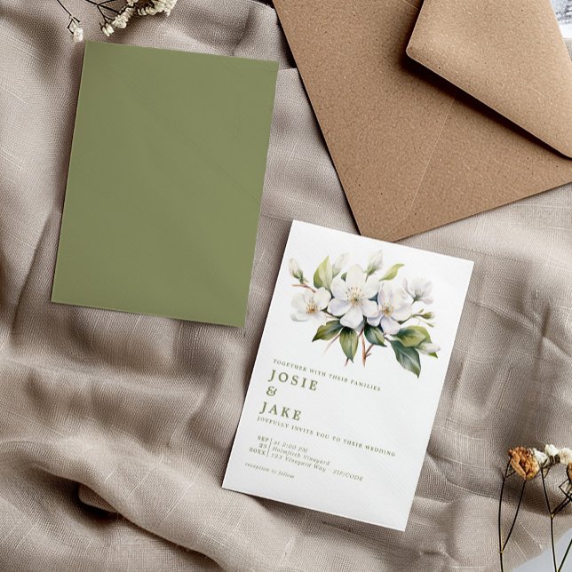 Convite Apple floresce flores brancas ilustração casamento (Elaborate apple blossoms white flowers illustration, muted watercolor wedding invitation.)