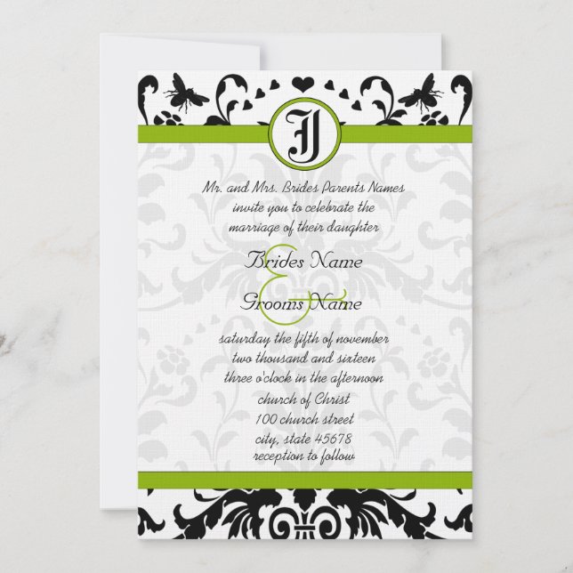 Convite Apple Green Black Bubble Bee Damask Wedding Invite (Frente)