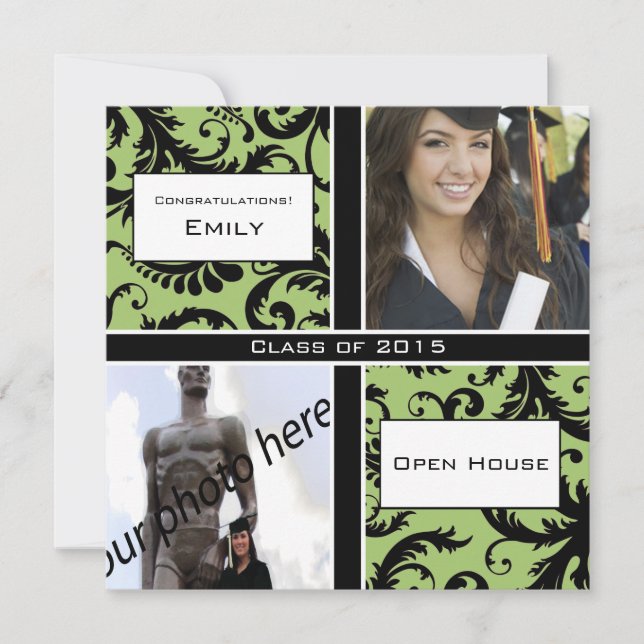 Convite Apple Green & Black Damask  Graduation Invitation (Frente)