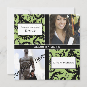 Convite Apple Green & Black Damask Graduation Invitation