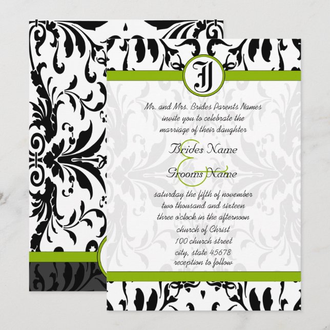 Convite Apple Green & Black Damask Wedding Invitation (Frente/Verso)
