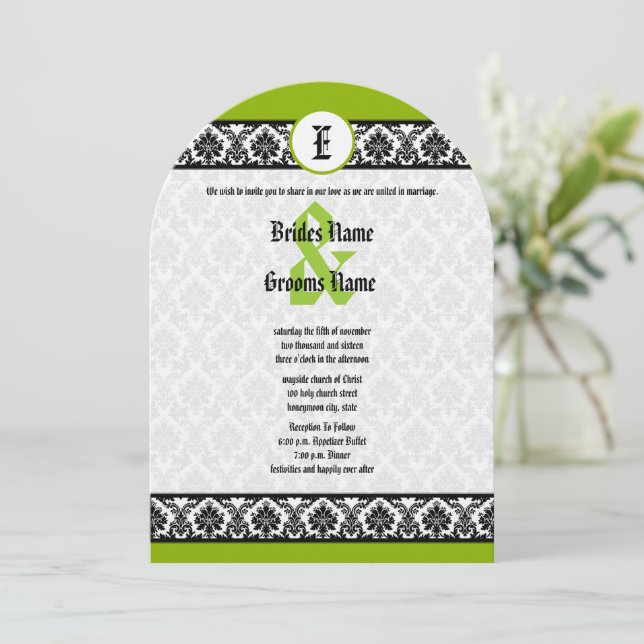 Convite Apple Green & Black Damask Wedding Invitation (Em pé/Frente)