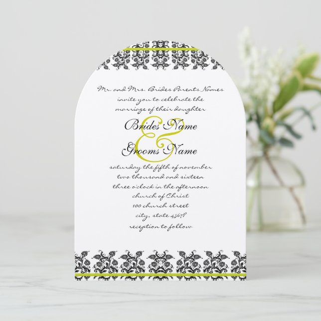 Convite Apple Green Damask Borders Wedding Invitation (Em pé/Frente)