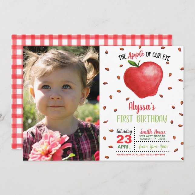 Convite Apple of Our Eye Birthday Invitation w/Photo (Frente/Verso)