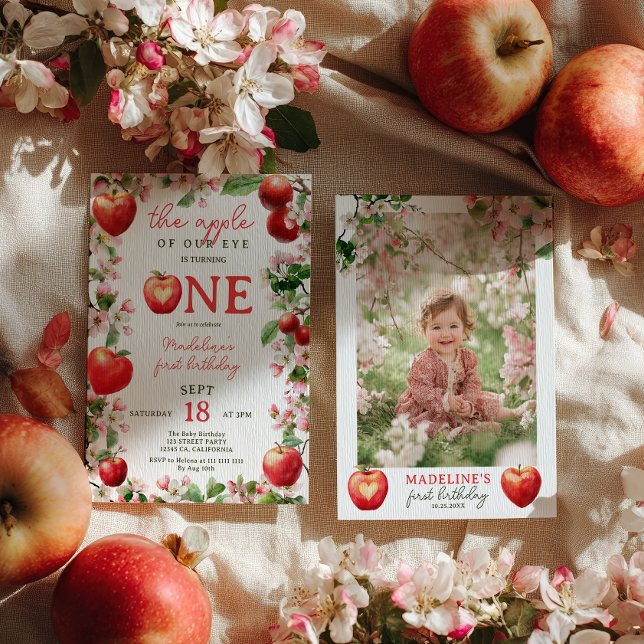 Convite Apple of Our Eye Floral Fall Photo First Birday (Apple of Our Eye Floral Fall Photo First Birthday Invitation)