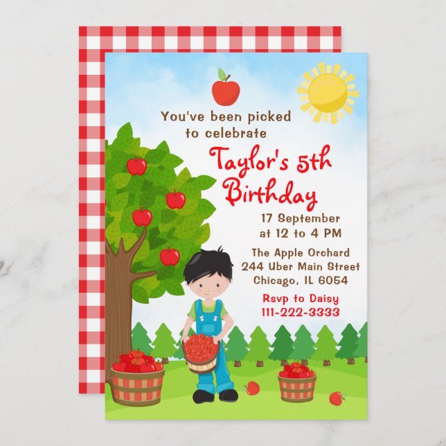 Convite Apple Picting Birthday Black Hair Boy Invitation (Frente/Verso)
