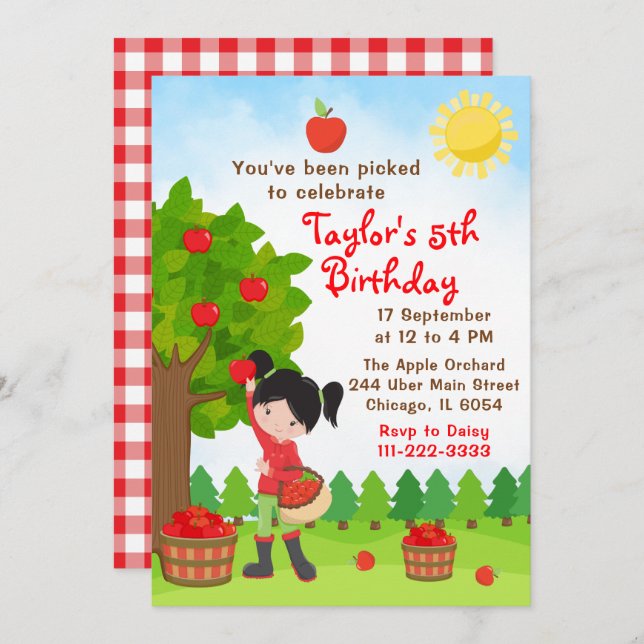 Convite Apple Picting Birthday Black Hair Girl Invitation (Frente/Verso)