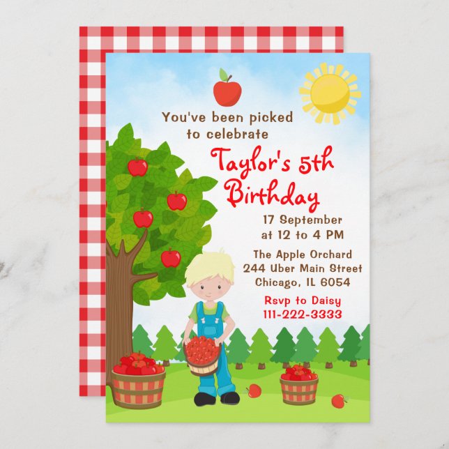 Convite Apple Picting Birthday Blonde Hair Boy Invitation (Frente/Verso)