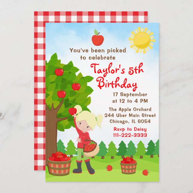 Convite Apple Picting Birthday Blonde Hair Girl Invitation (Frente/Verso)