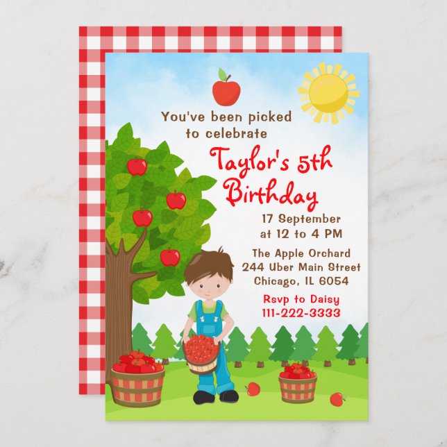 Convite Apple Picting Birthday Brown Hair Boy Invitation (Frente/Verso)