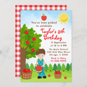 Convite Apple Picting Birthday Brown Hair Boy Invitation