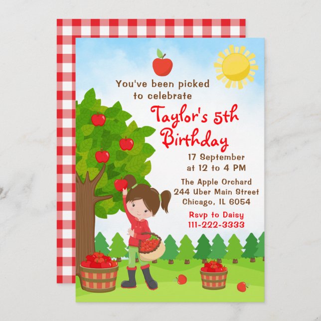 Convite Apple Picting Birthday Brown Hair Girl Invitation (Frente/Verso)
