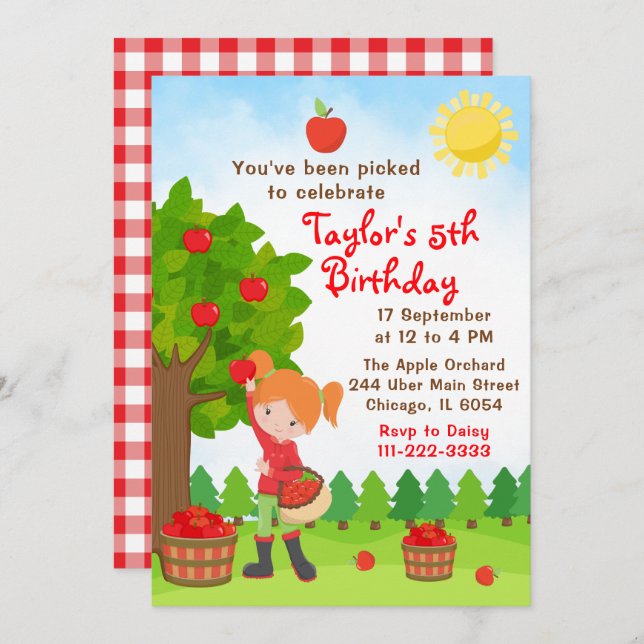 Convite Apple Picting Birthday Red Hair Girl Invitation (Frente/Verso)