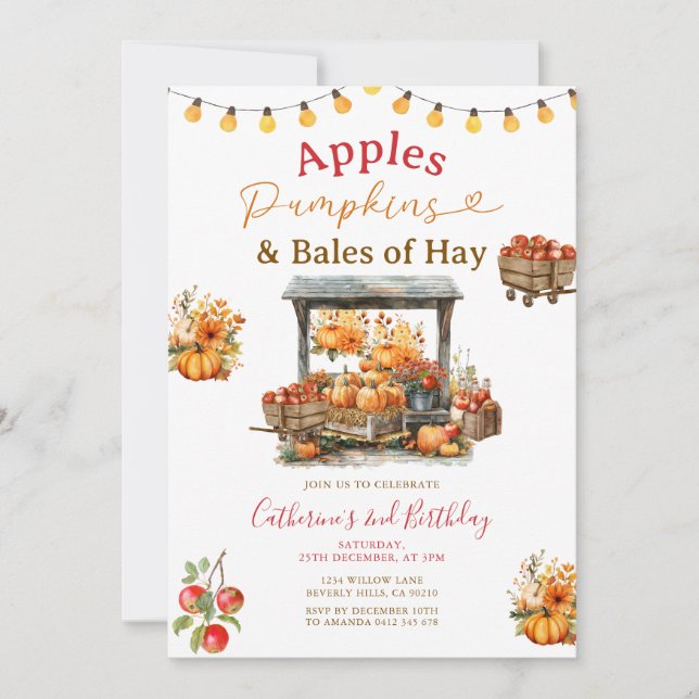 Convite Apple Pumpkins e Balas de Hay Birthday Autumn (Frente)
