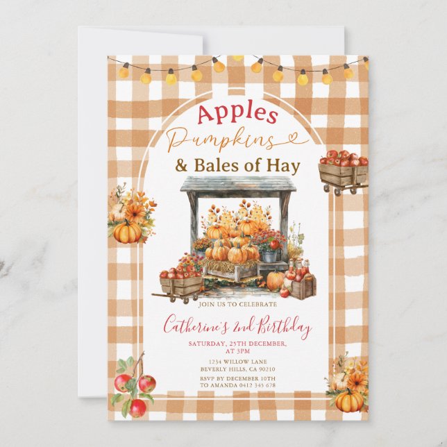 Convite Apple Pumpkins e Baldes de Hay Birthday Gingham (Frente)