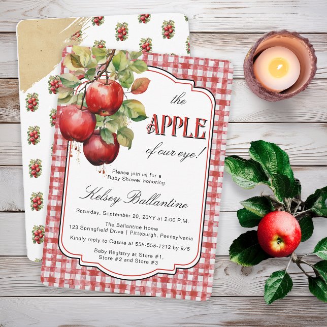 Convite Apple Rustic Country Do Nosso Chá de fraldas Olhal ("The Apple of Our Eye!"  Country Rustic Apple Theme Torn Brown Paper Red White Gingham Checks Invite)